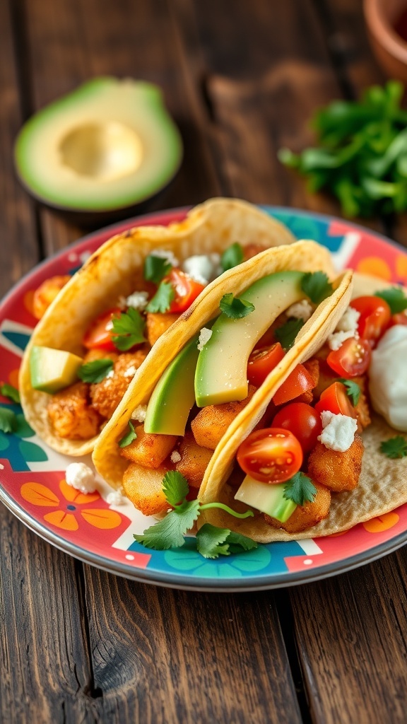 Crispy potato tacos topped with lettuce, tomatoes, and avocado on a colorful plate with sour cream.